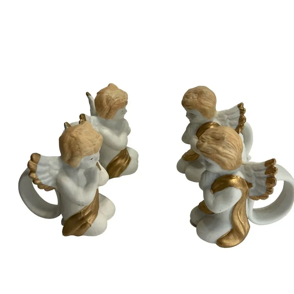 Christmas Angel Napkin Rings 4‎ Hand Painted Porcelain White Gold Vtg
